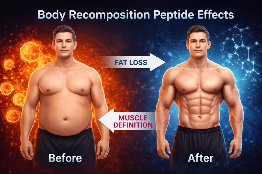 Before and after body recomposition visualization highlighting fat loss and muscle definition
