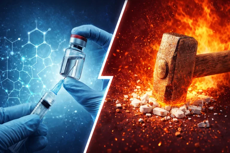 Visual metaphor comparing peptide precision to steroid sledgehammer approach