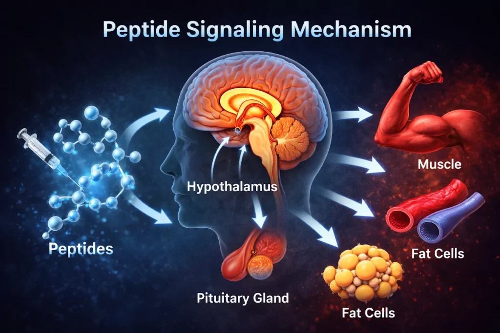 Diagram showing how peptides signal to pituitary gland and tissues