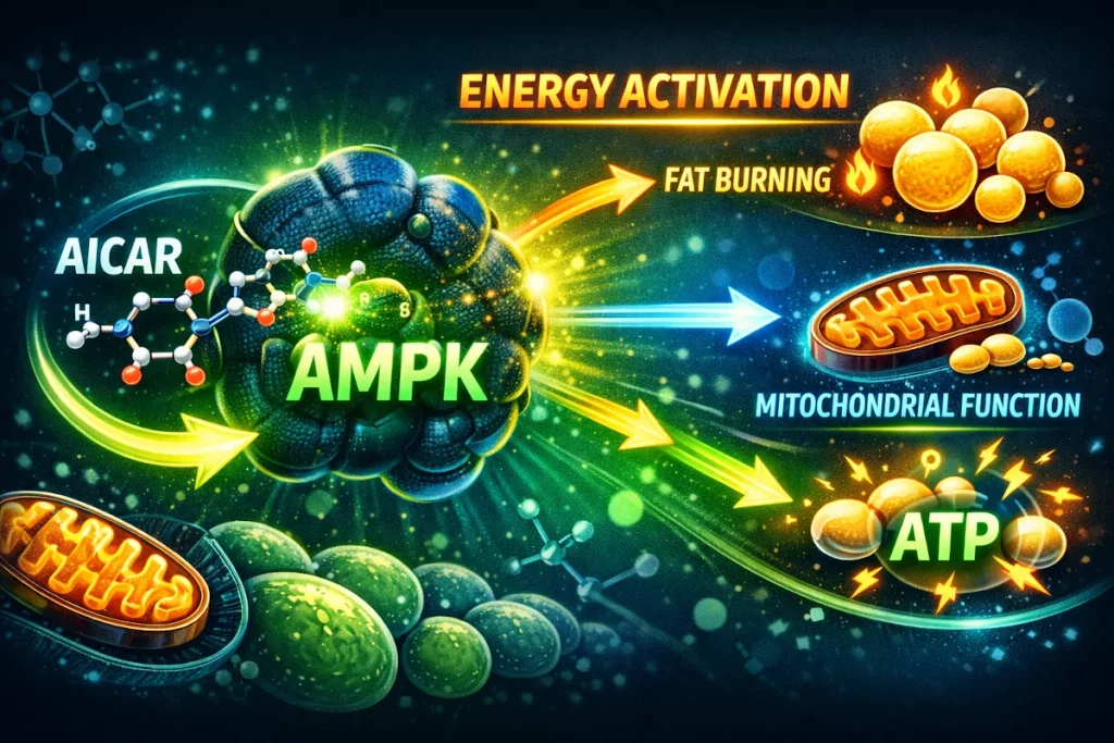 Diagram showing how AICAR activates the AMPK pathway to mimic exercise metabolism