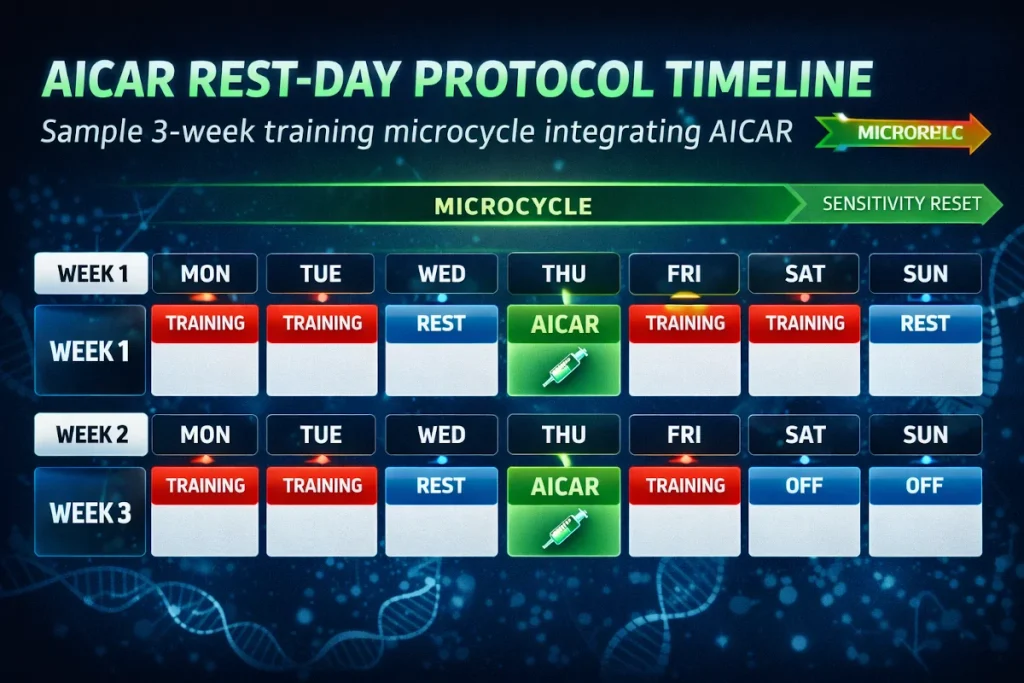 Weekly training schedule chart showing AICAR injection on rest days