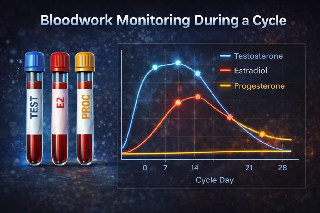 Blood test vials and a chart showing hormone levels throughout a cycle