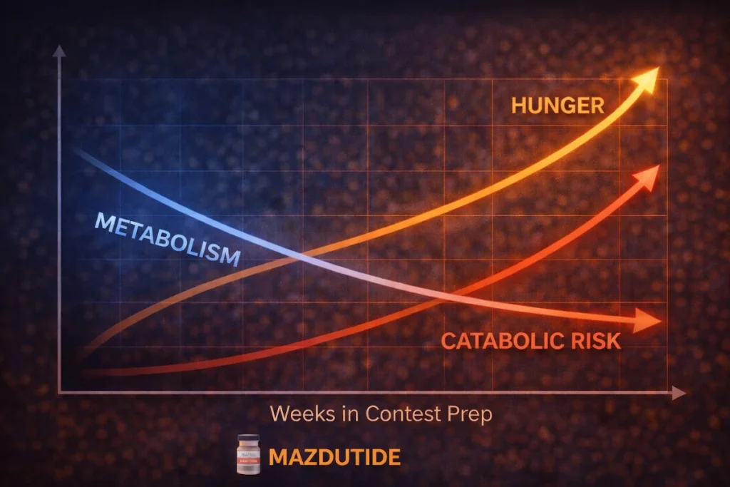 Graph showing increasing hunger, decreasing metabolism, and rising catabolic risk during bodybuilding contest prep over time