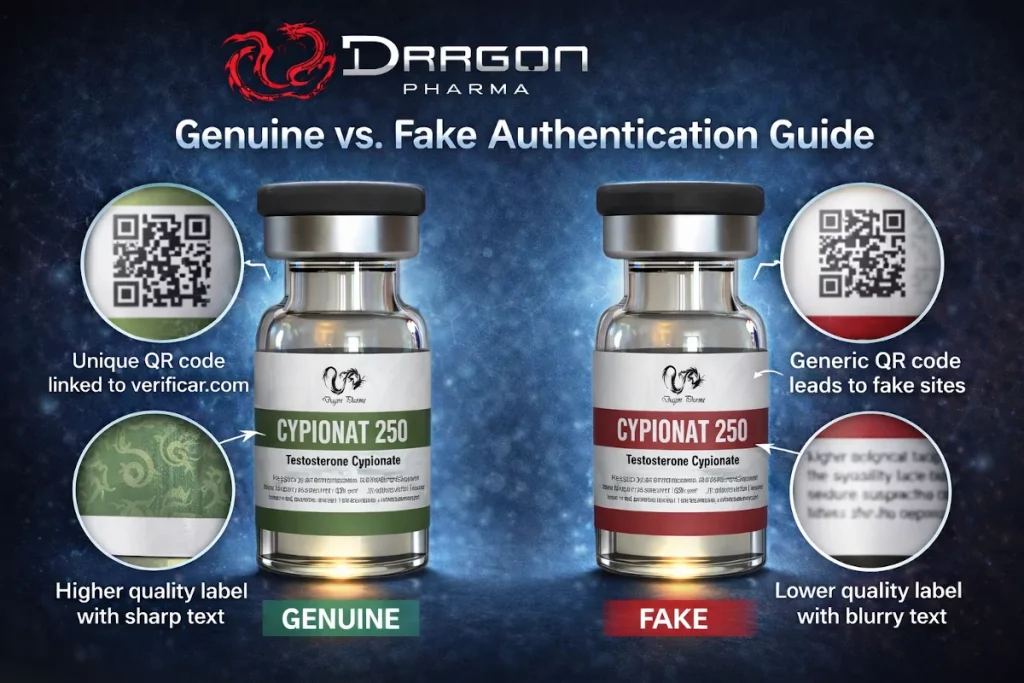 Close-up comparison of genuine vs. fake Dragon Pharma packaging features