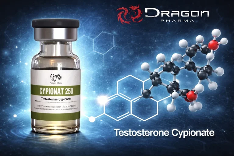 Dragon Pharma Cypionat 250 vial next to molecular diagram of Testosterone Cypionate