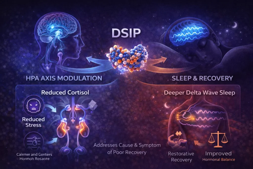 Diagram showing how DSIP peptide modulates the HPA axis to lower cortisol and promote deep delta wave sleep for recovery