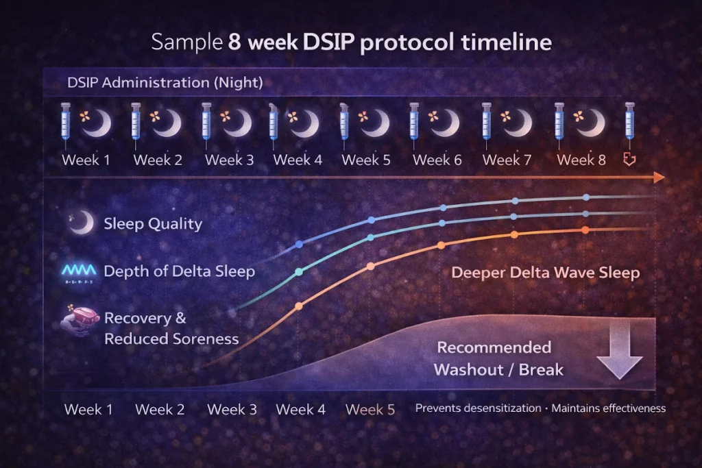 8-week DSIP protocol chart showing administration schedule, expected recovery benefits, and recommended cycling break