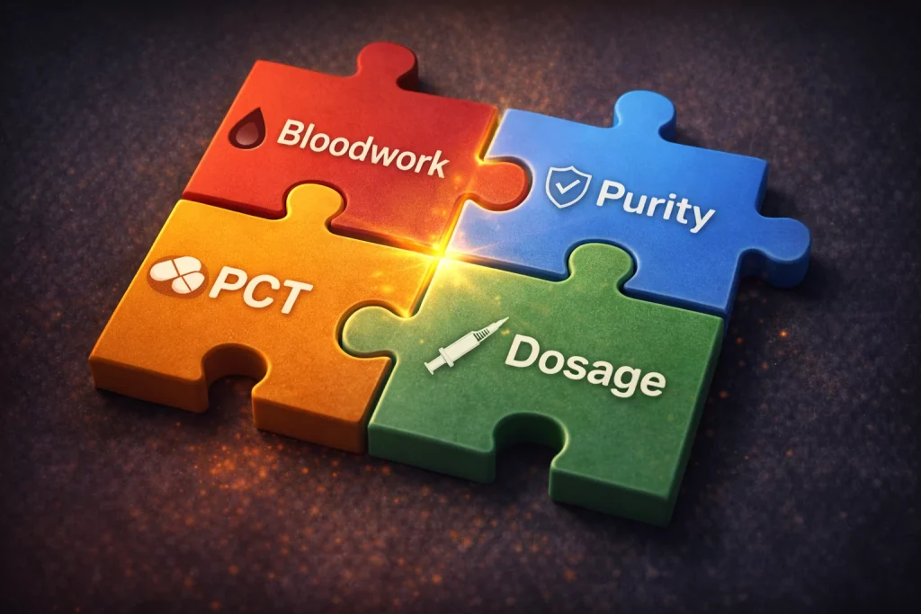 Puzzle pieces coming together labeled Bloodwork, Purity, PCT, and Dosage