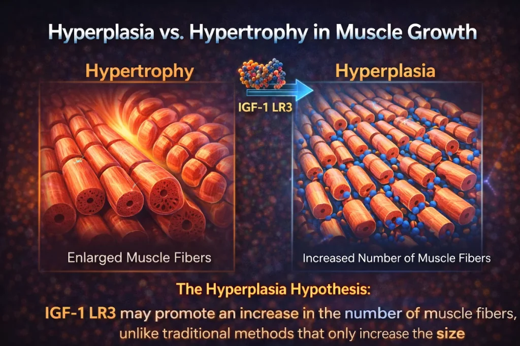 Diagram comparing muscle hypertrophy (enlarged cells) to hyperplasia (increased number of cells)
