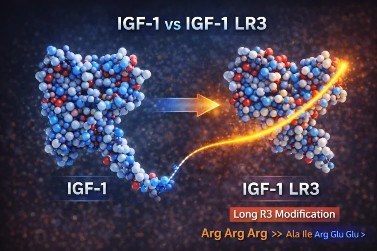 Visual comparison of IGF-1 and IGF-1 LR3 molecular structures highlighting the Long R3 modification