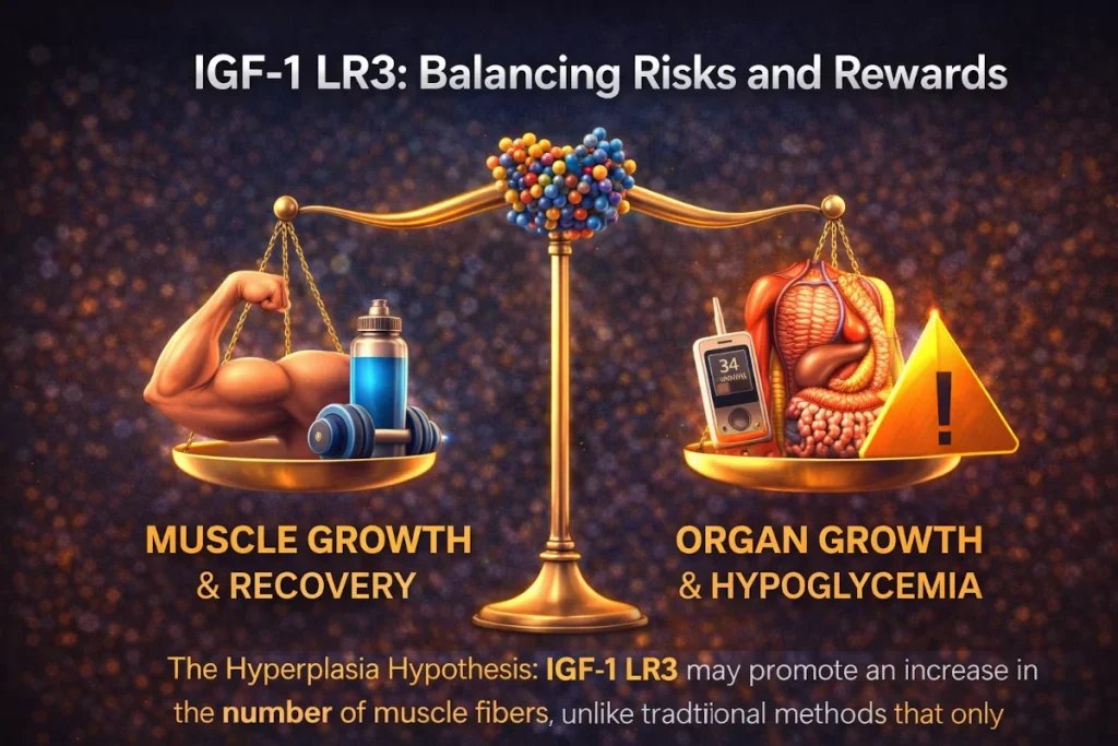A balance scale with muscle growth and recovery on one side and organ growth/hypoglycemia risks on the other