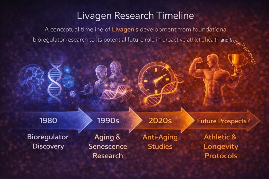 Conceptual timeline showing Livagen peptide development from bioregulator research to potential future longevity applications in sports