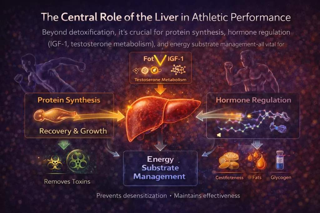 Diagram showing the liver's central role in athletic performance including detoxification, protein synthesis, hormone regulation, and metabolism
