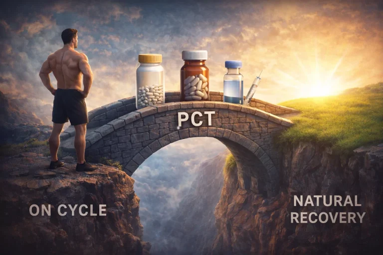 Visual metaphor showing a bridge labeled PCT connecting a bodybuilder on cycle to natural recovery