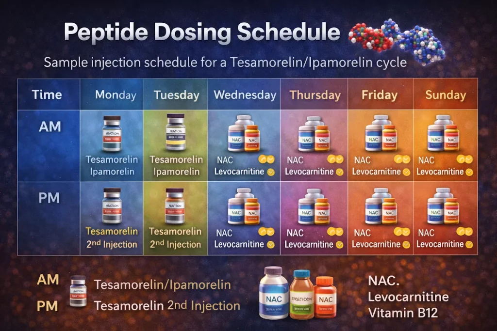 A sample weekly injection schedule chart for a combined Tesamorelin/Ipamorelin cycle, illustrating timing and potential stacking with other supportive supplements.