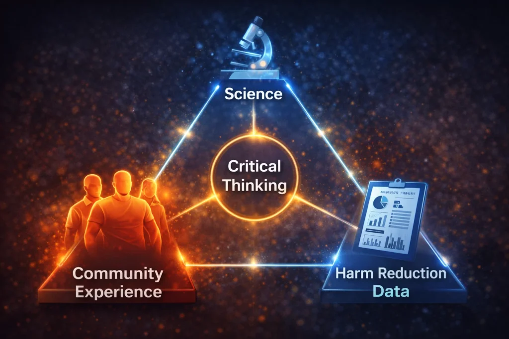 Triangle diagram with Science, Community Experience, and Harm Reduction Data at each point