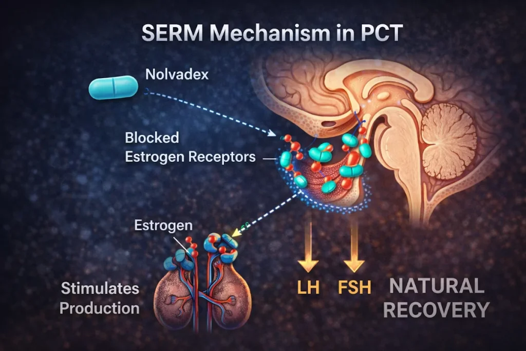 Diagram showing how SERMs like Nolvadex block estrogen receptors in the pituitary to stimulate LH/FSH production