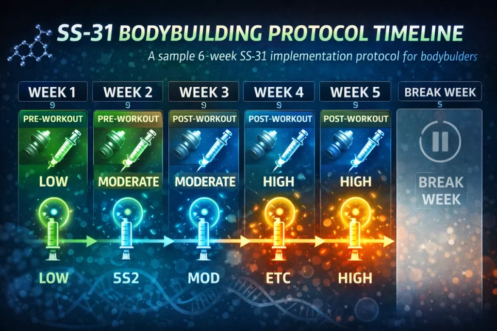 6-week SS-31 peptide cycle chart showing pre and post-workout timing for bodybuilders