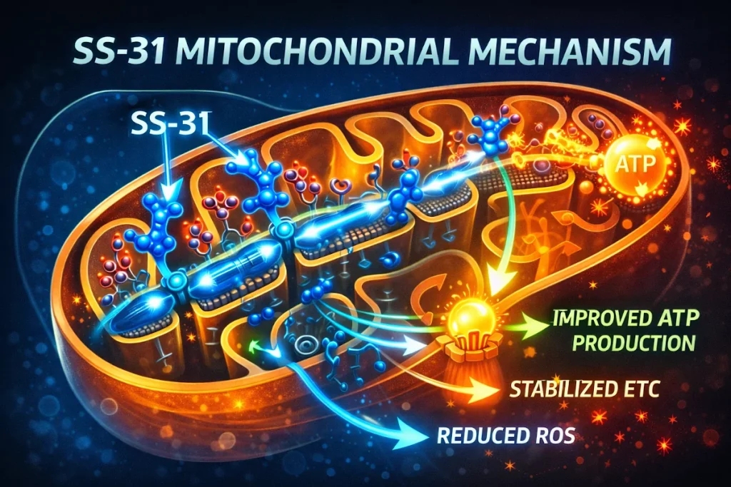 Detailed diagram showing how SS-31 peptide binds to cardiolipin to stabilize mitochondrial function