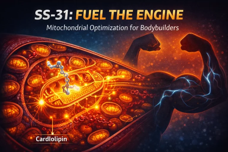 What is SS-31 and How Can It Benefit Bodybuilders? Detailed scientific illustration showing SS-31 peptide molecules optimizing glowing mitochondria within a muscle fiber