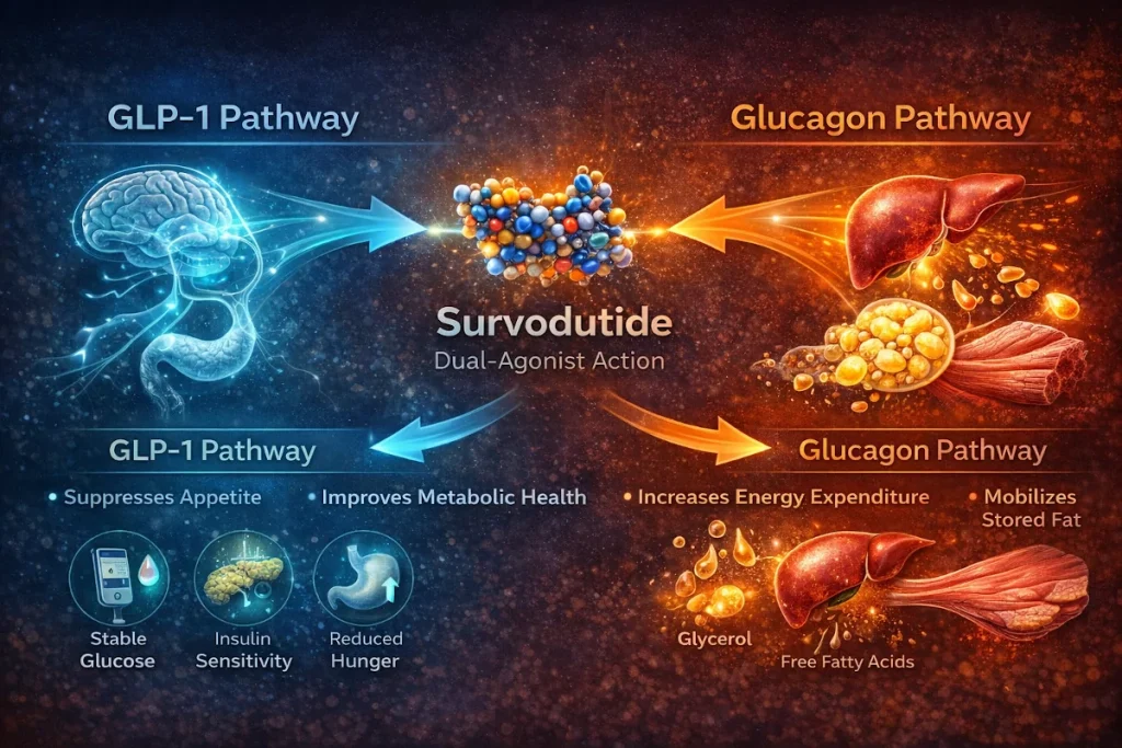 Diagram showing Survodutide's dual GLP-1 and glucagon receptor agonist action for appetite suppression and increased metabolism
