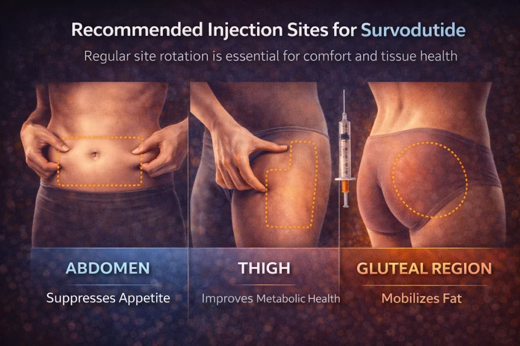 Illustration of subcutaneous injection sites for Survodutide: abdomen, thigh, and glute areas with rotation arrows