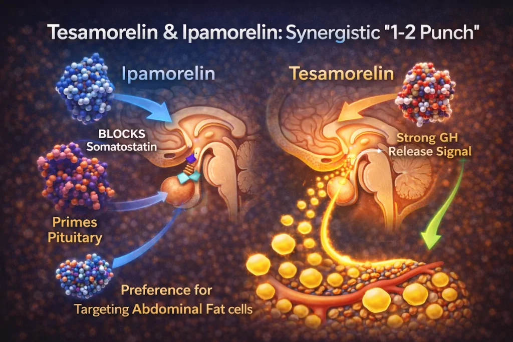 Diagram illustrating the synergistic "1-2 punch": Ipamorelin blocks somatostatin and primes the pituitary, while Tesamorelin delivers a strong GH release signal with a preference for targeting abdominal fat cells.